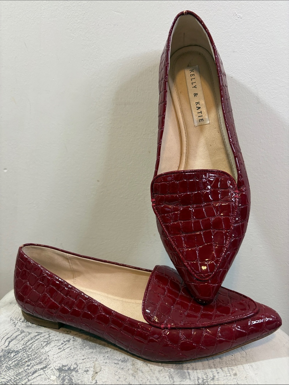 Kelly & Katie Deep Cherry / Chili Red Croc Embossed Shiny Patent Leather Flats 8
